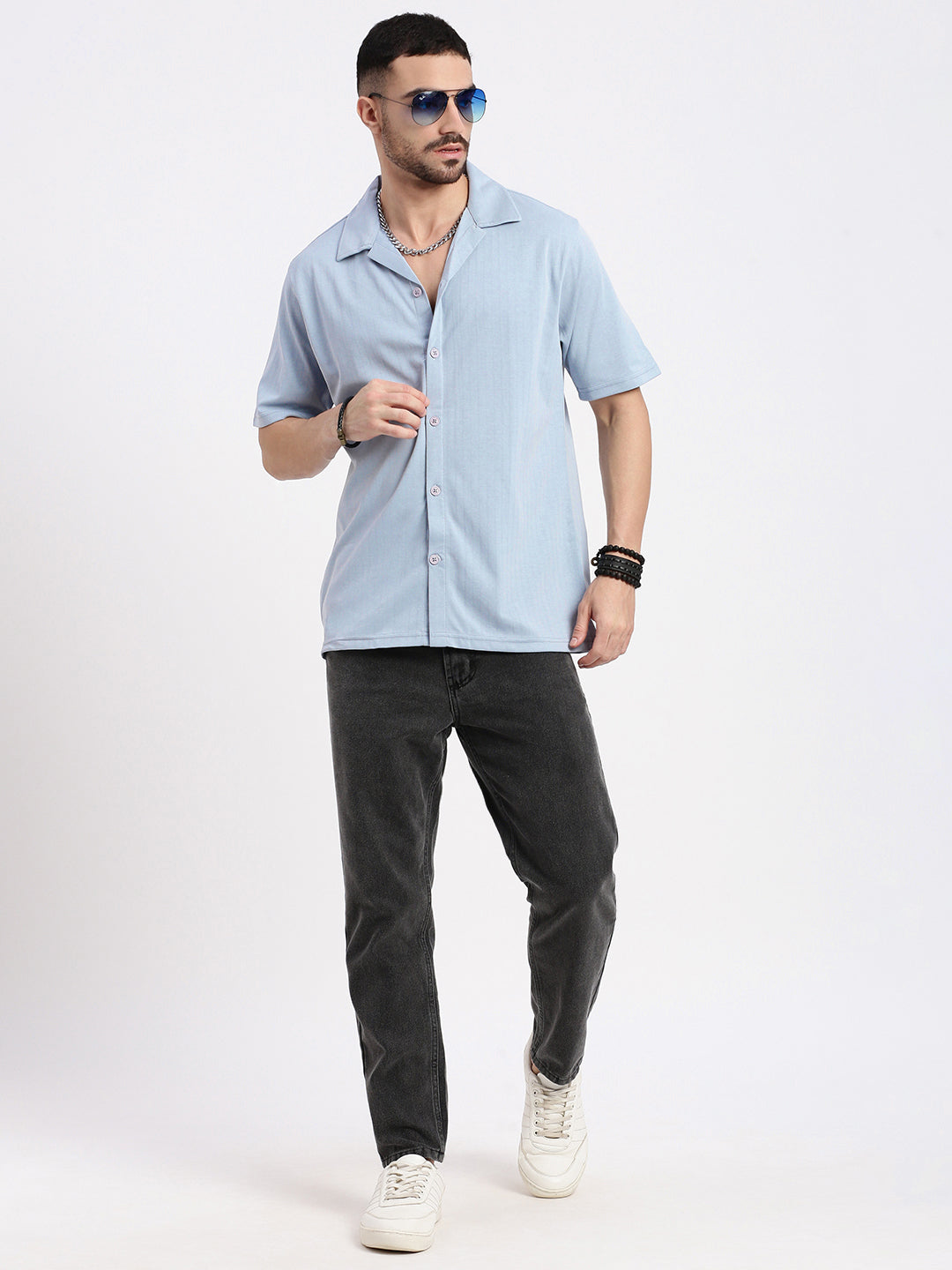 Men Blue Cuban Collar Solid Shirt