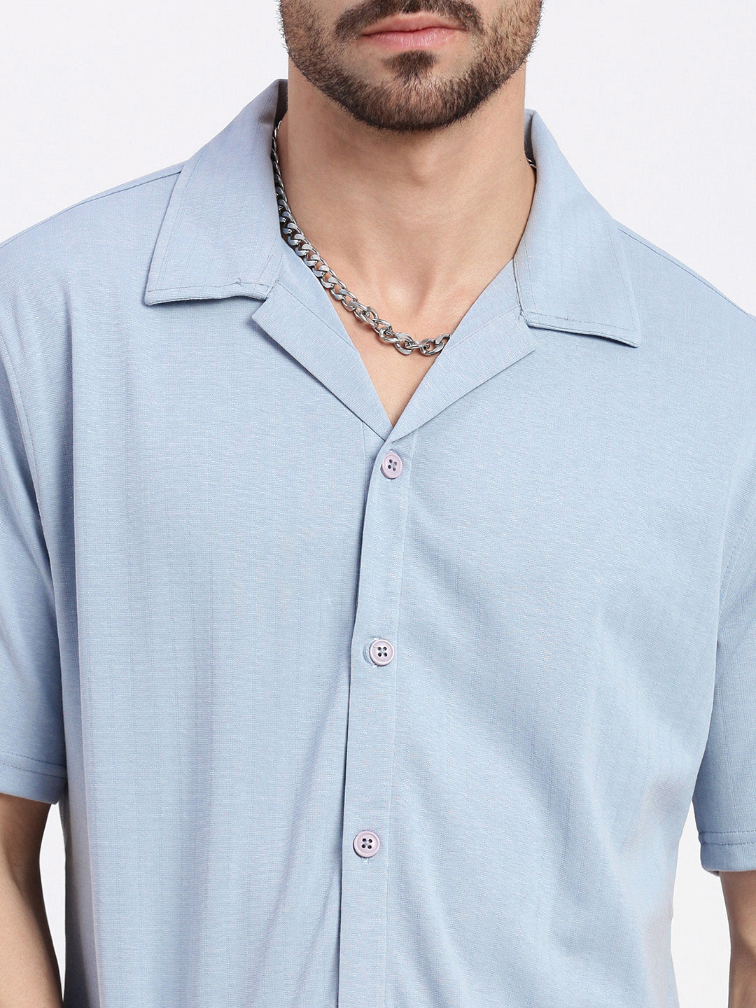 Men Blue Cuban Collar Solid Shirt