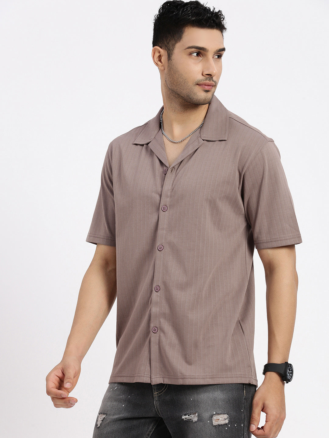 Men Brown Cuban Collar Solid Shirt