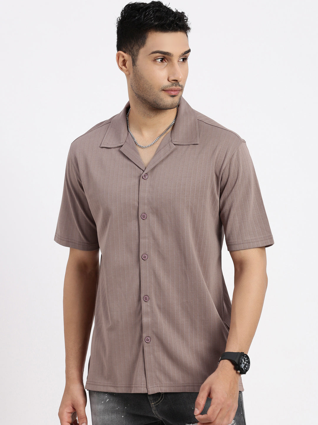 Men Brown Cuban Collar Solid Shirt