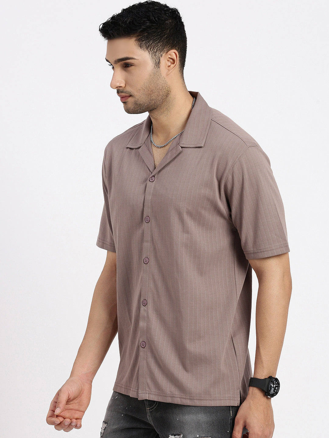 Men Brown Cuban Collar Solid Shirt