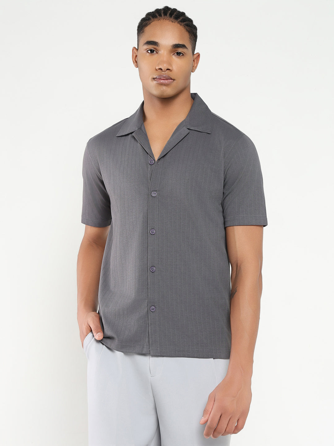 Men Grey Cuban Collar Solid Shirt