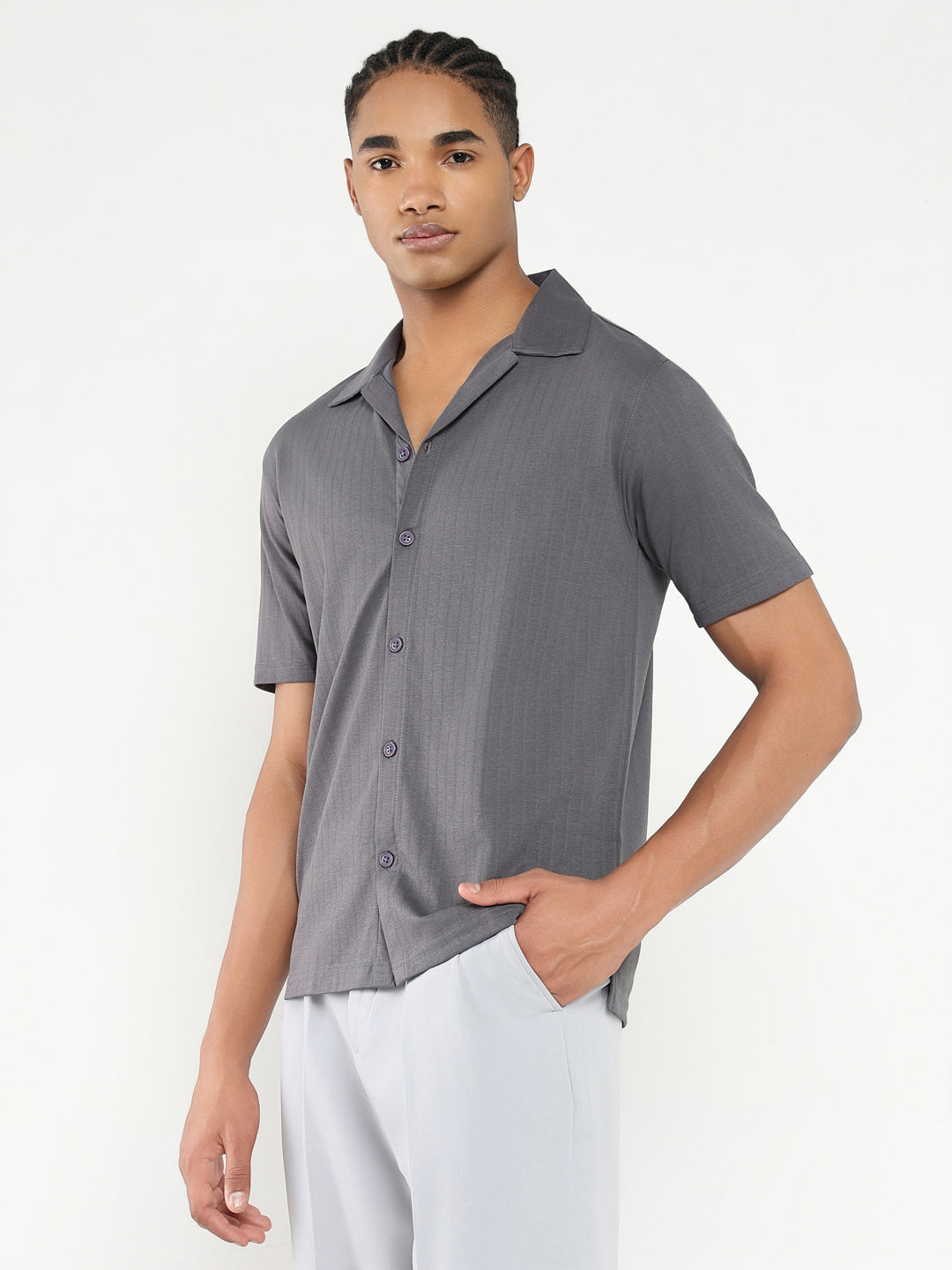 Men Grey Cuban Collar Solid Shirt