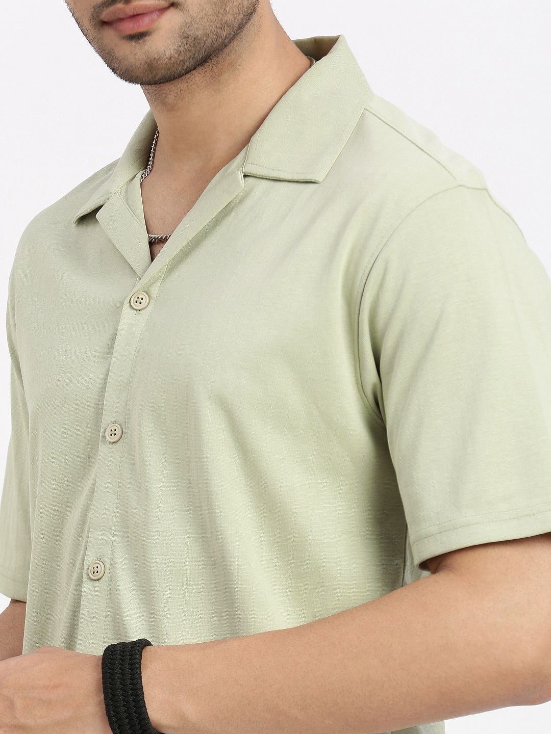 Men Green Cuban Collar Solid Shirt