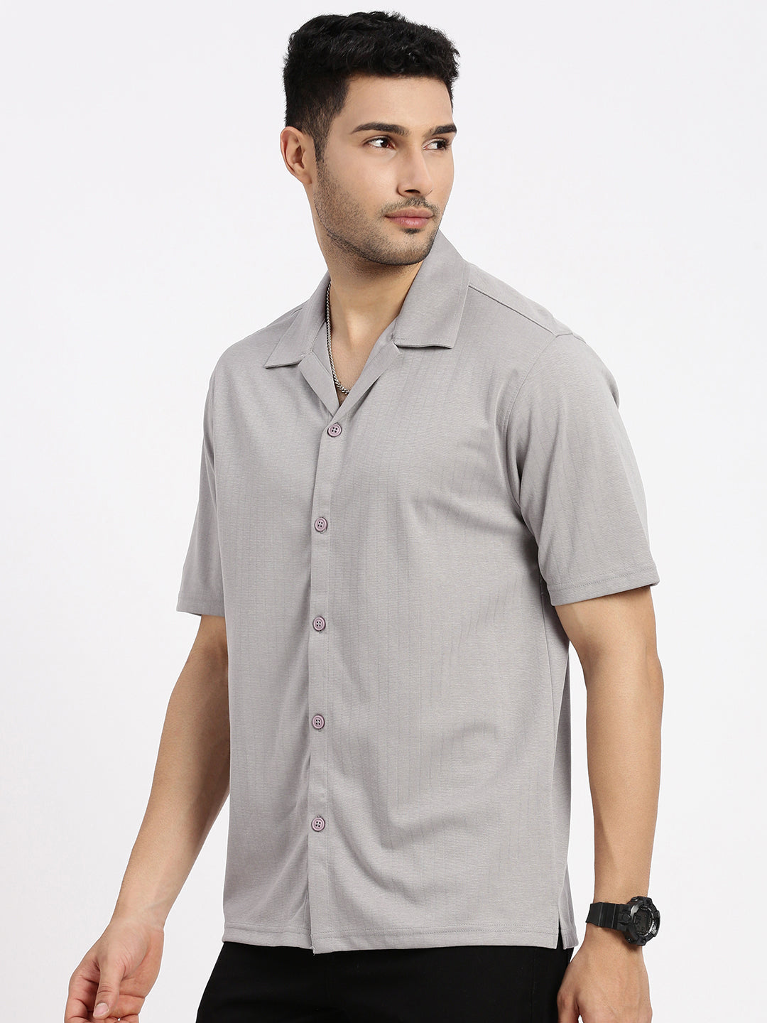 Men Grey Cuban Collar Solid Shirt