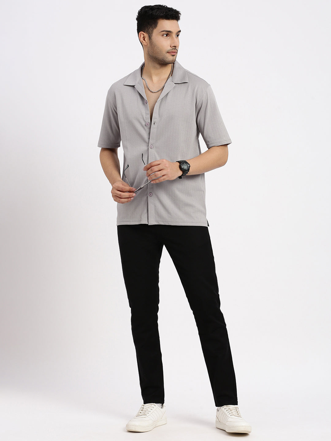 Men Grey Cuban Collar Solid Shirt