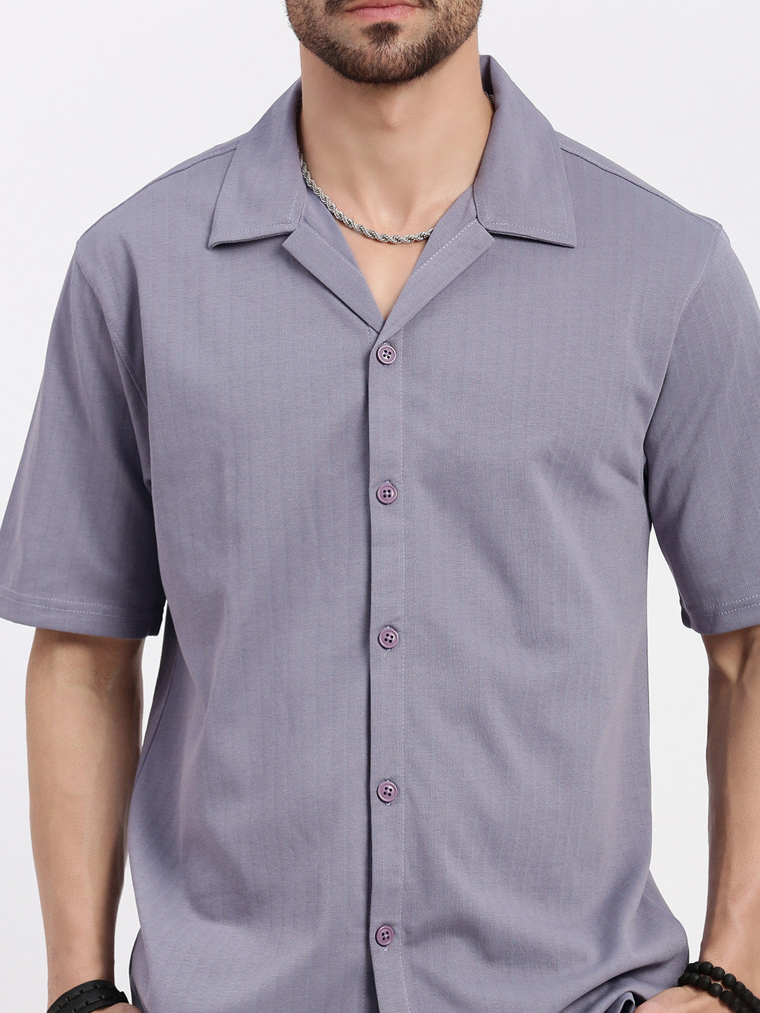 Men Lavender Cuban Collar Solid Shirt