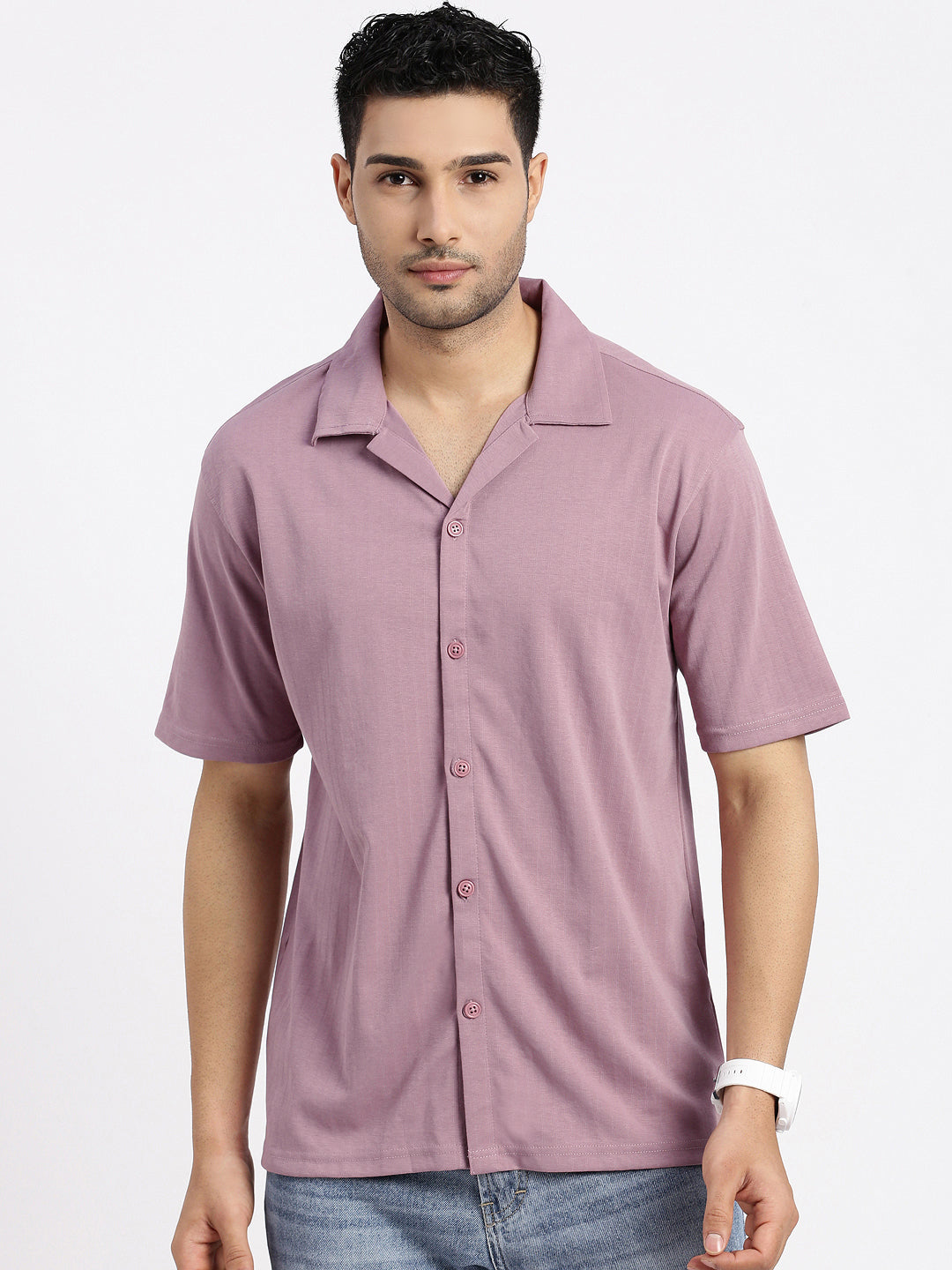 Men Mauve Cuban Collar Solid Shirt