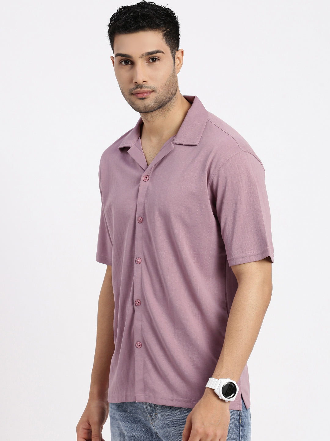 Men Mauve Cuban Collar Solid Shirt