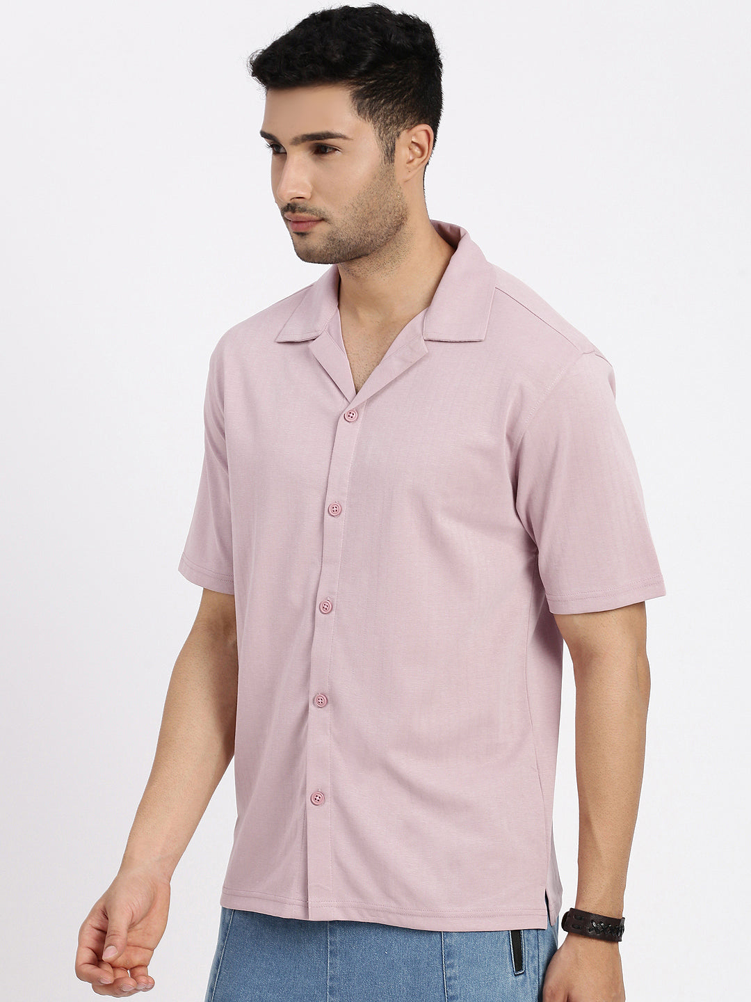 Men Peach Cuban Collar Solid Shirt