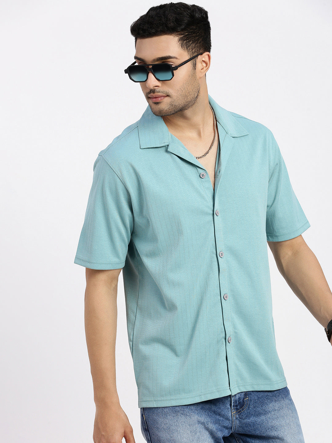 Men Sea Green Cuban Collar Solid Shirt