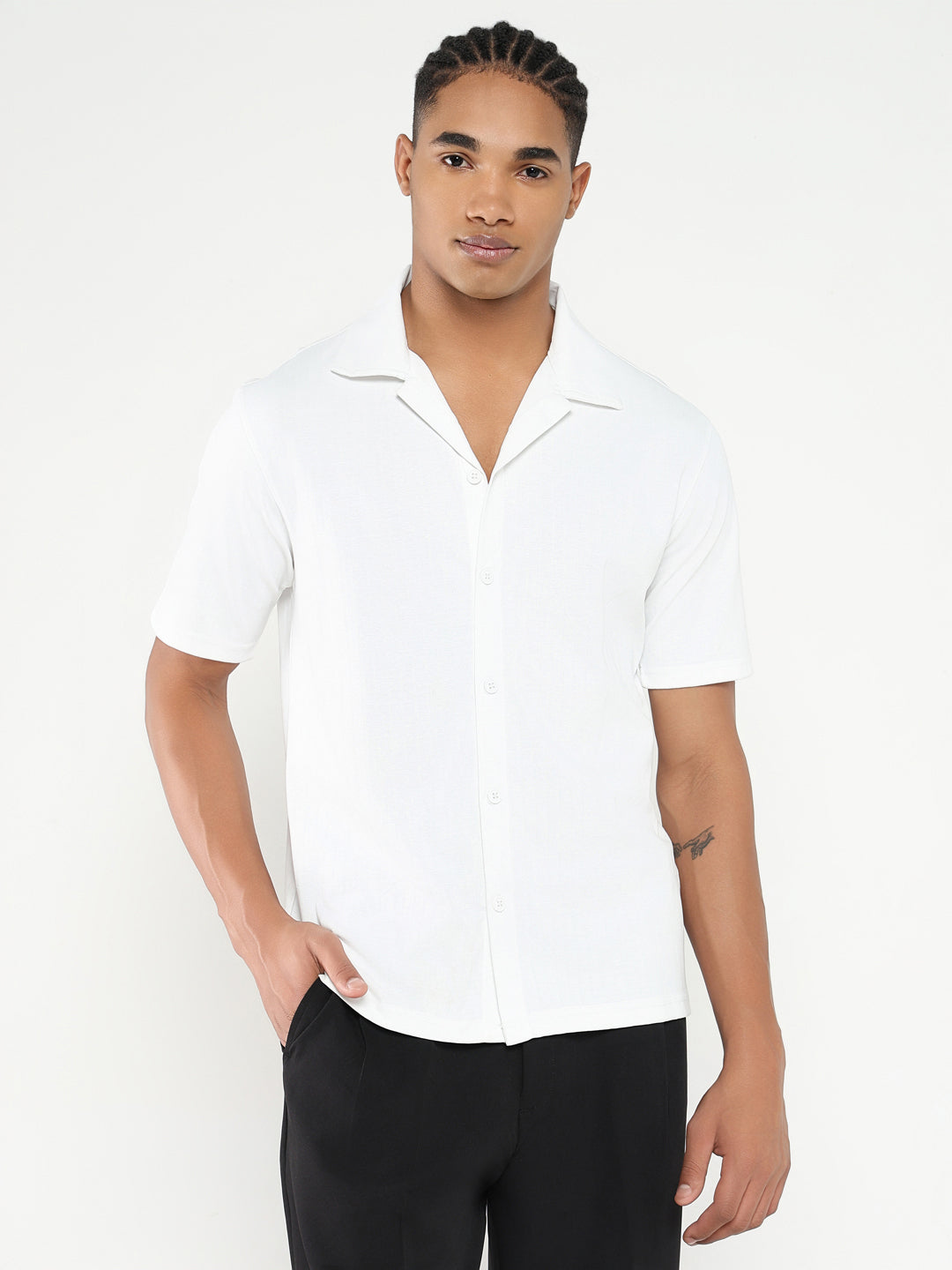 Men White Cuban Collar Solid Shirt