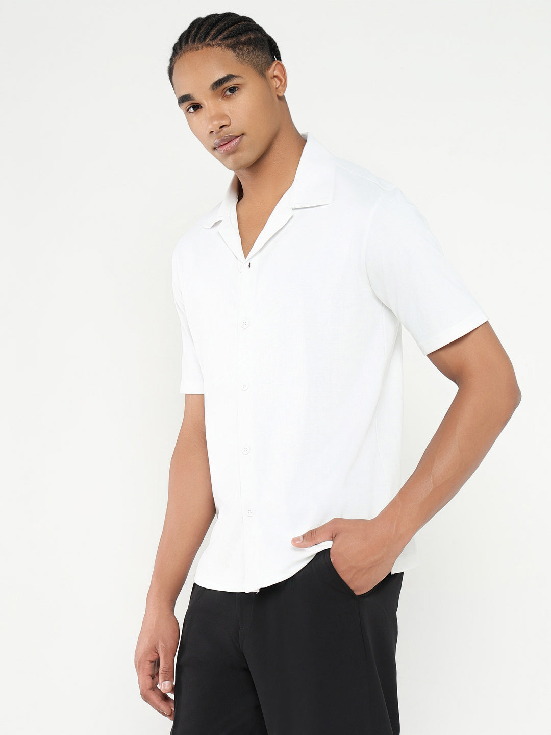 Men White Cuban Collar Solid Shirt