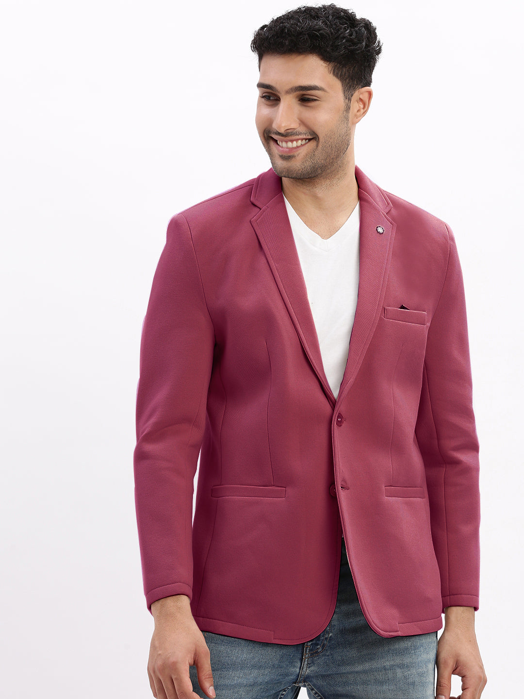 Men Magenta Solid Single Breasted Blazer