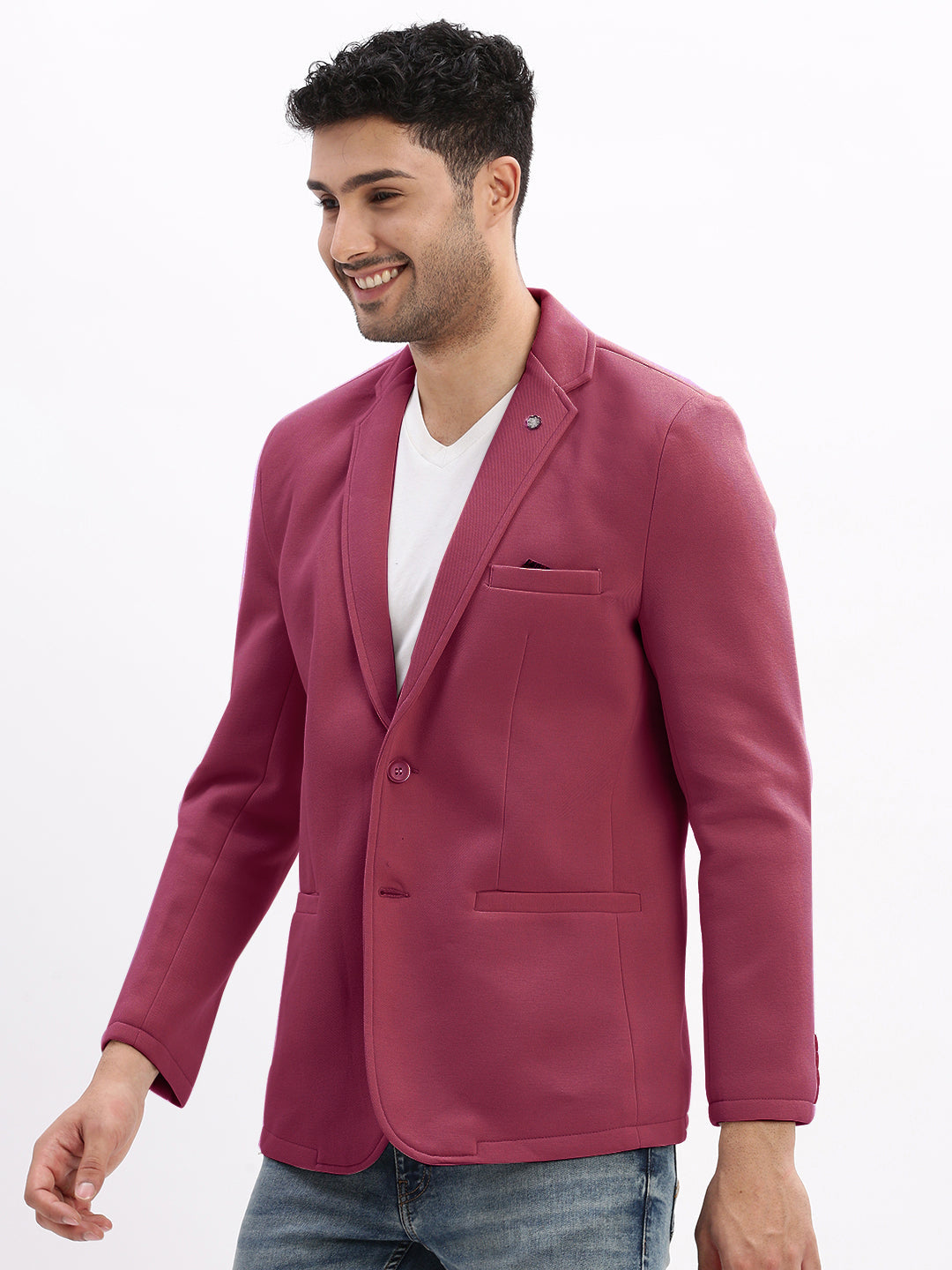 Men Magenta Solid Single Breasted Blazer