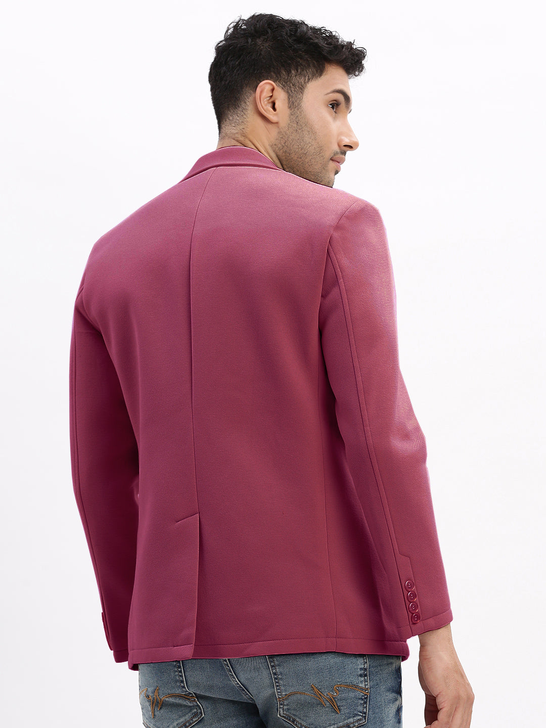 Men Magenta Solid Single Breasted Blazer