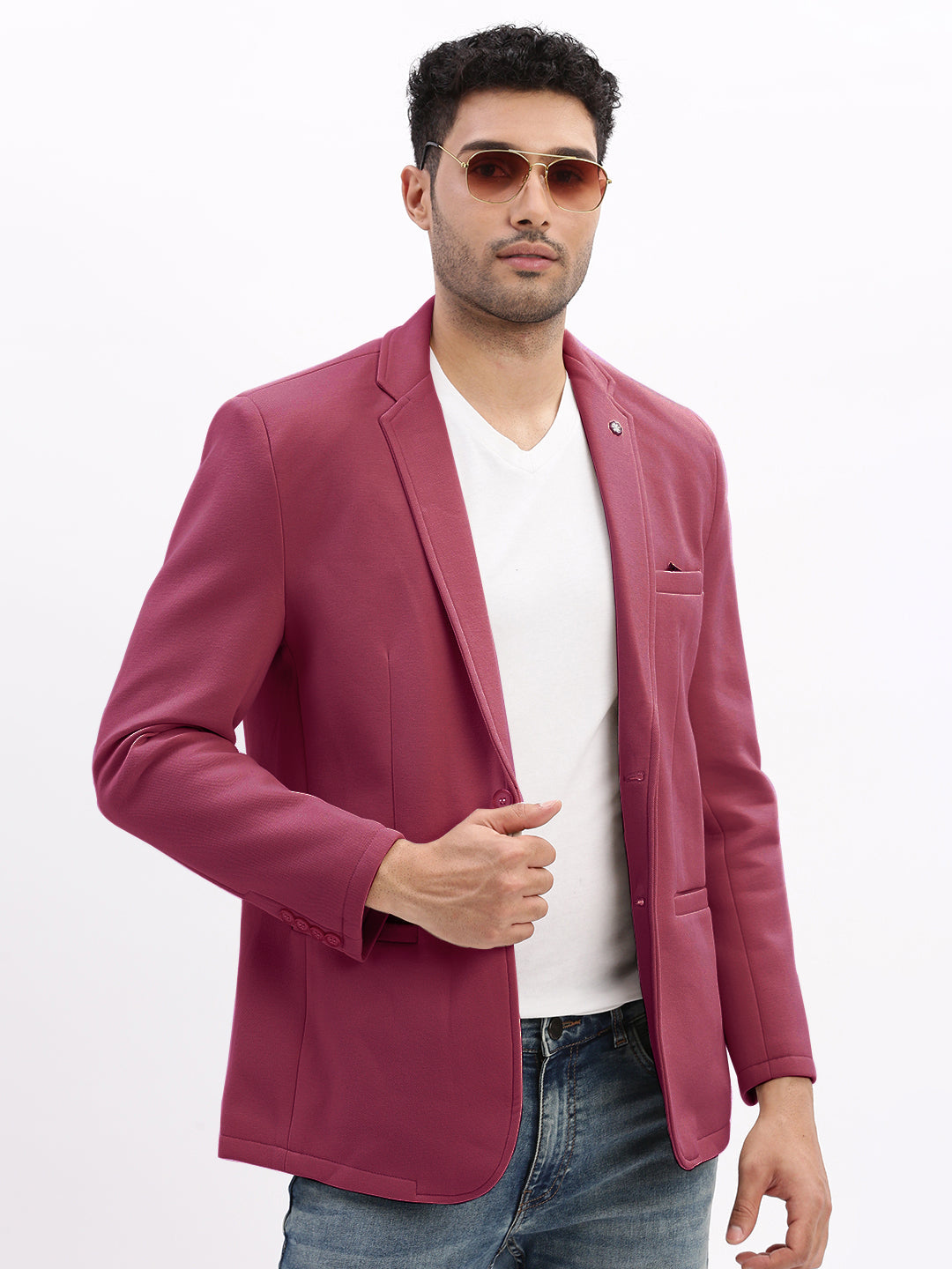 Men Magenta Solid Single Breasted Blazer