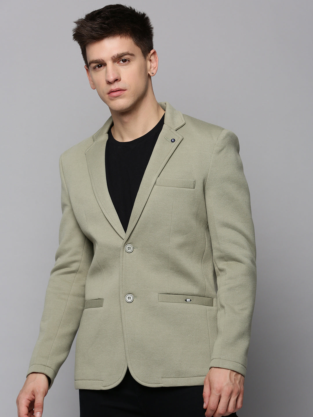 Men Green Solid Single Breasted Blazer