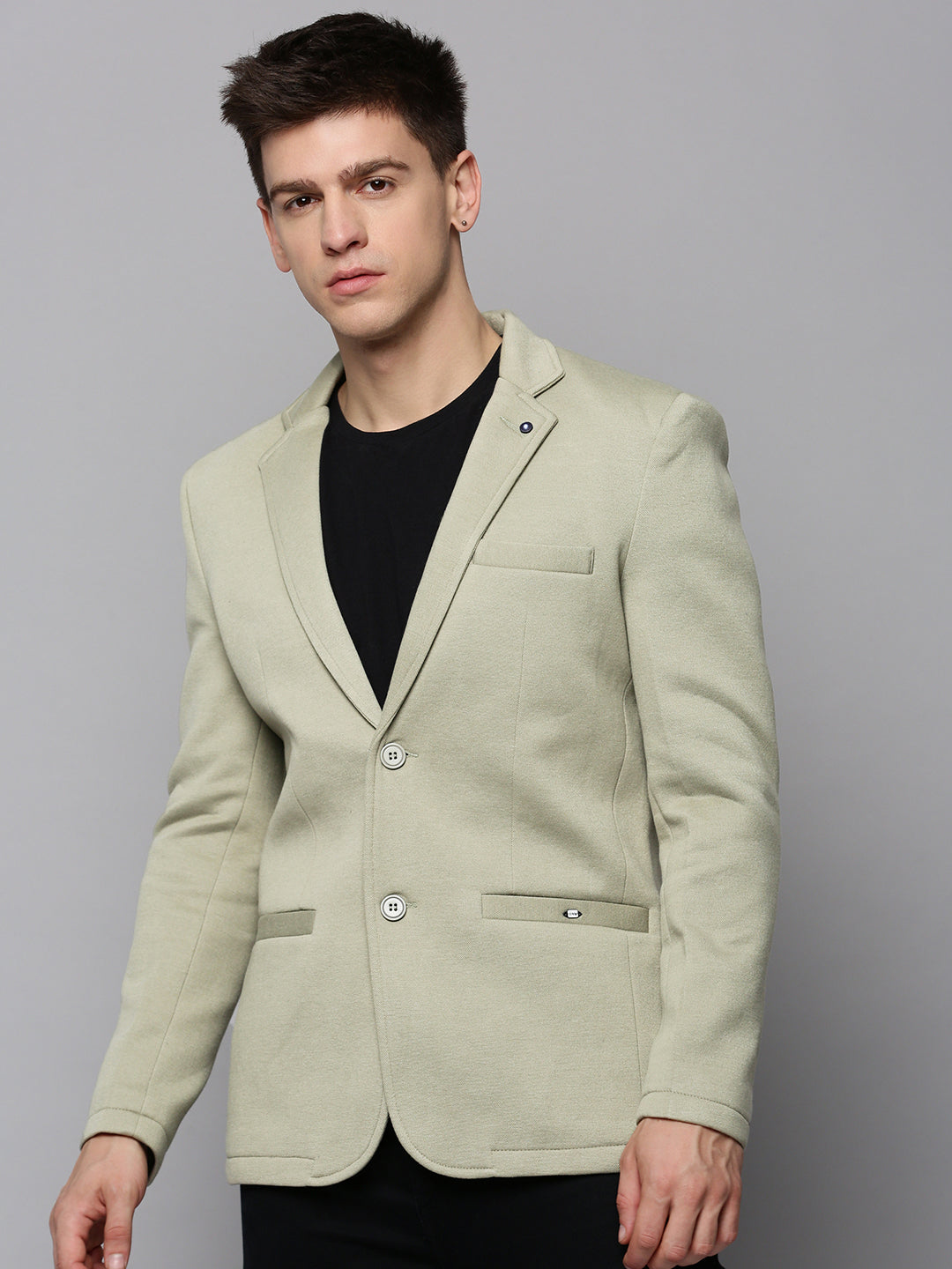 Men Green Solid Single Breasted Blazer