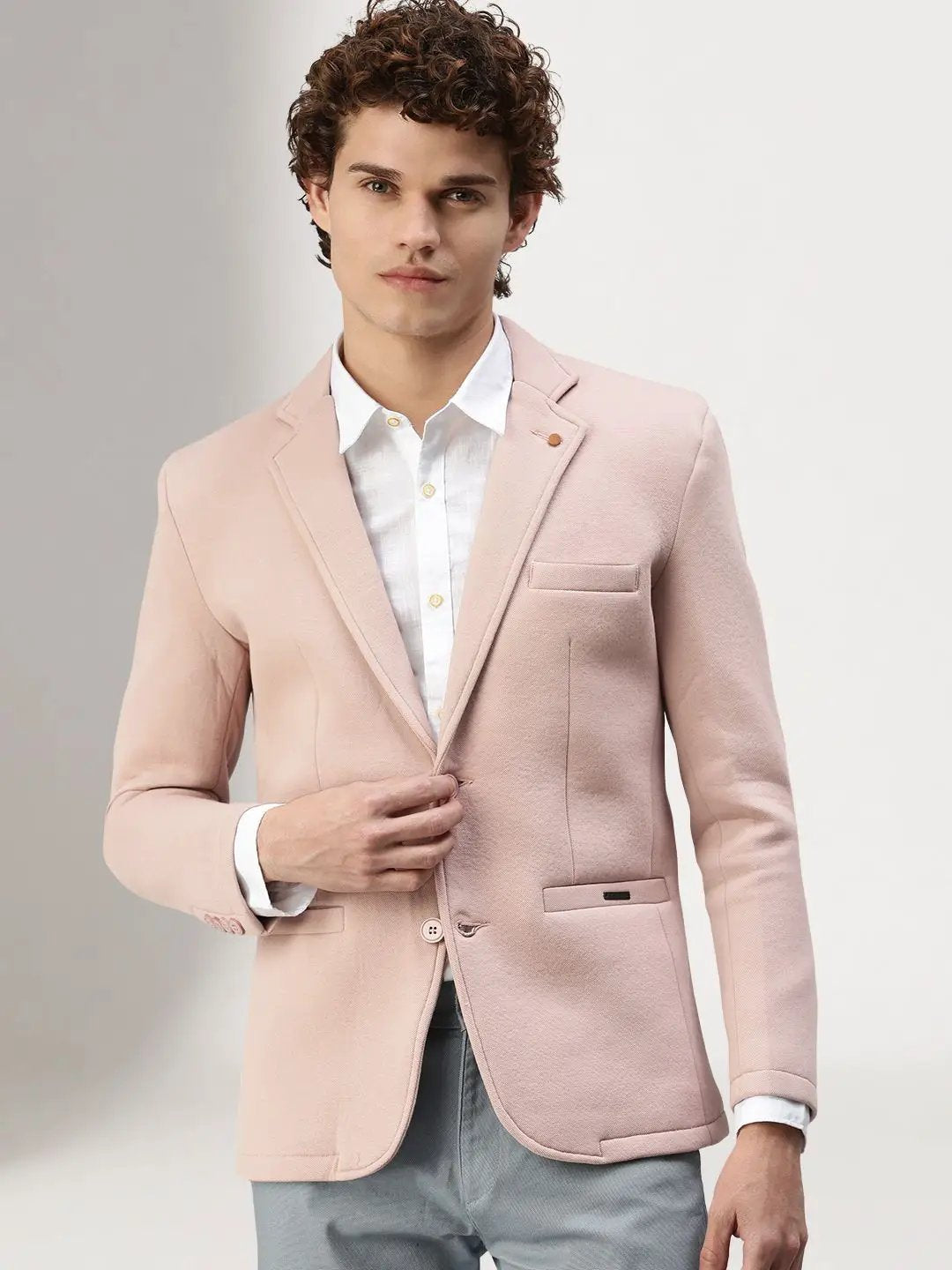 Men's Long Sleeves Solid Notched Lapel Light Pink Slim Fit Blazer
