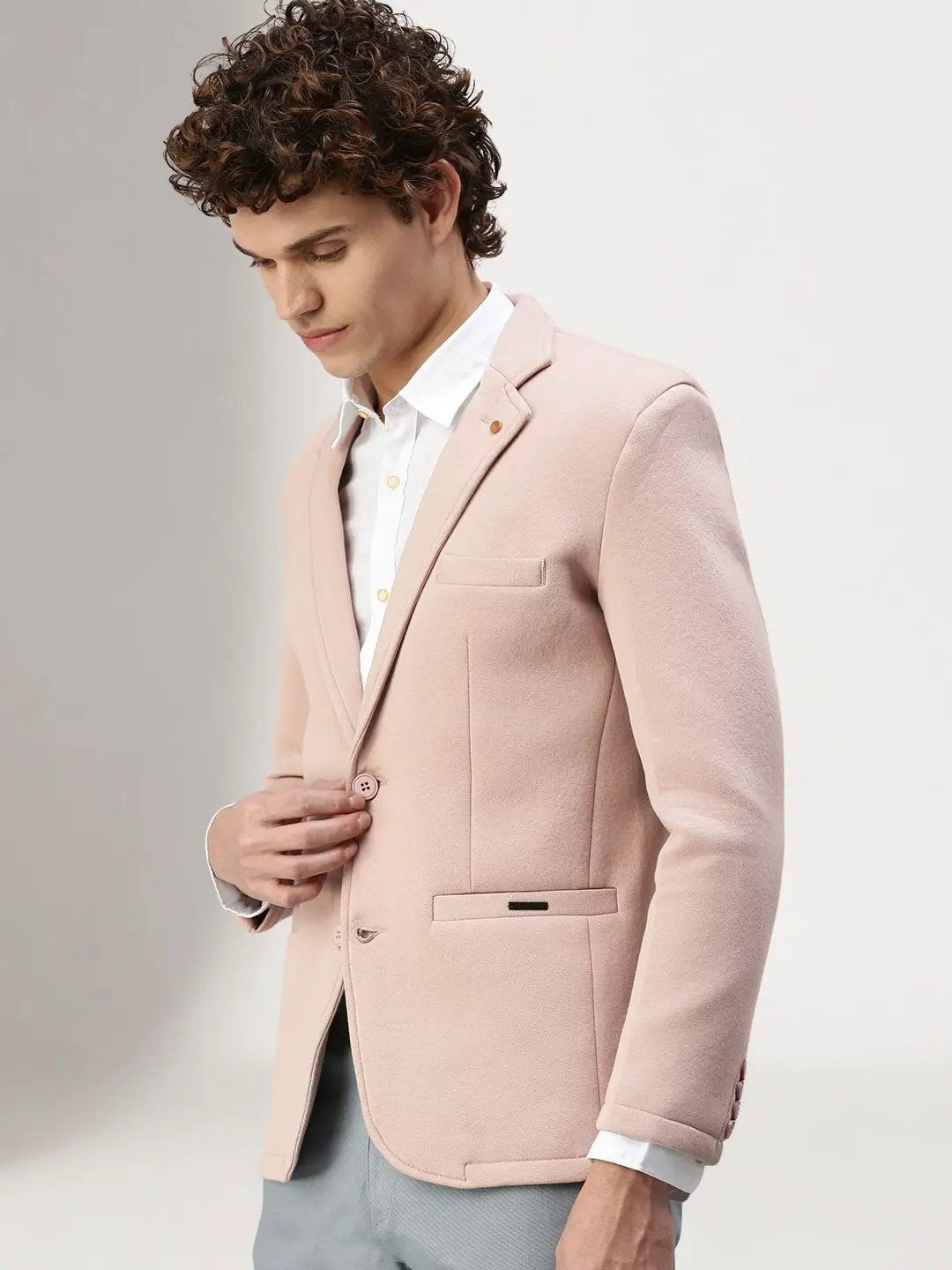 Men's Long Sleeves Solid Notched Lapel Light Pink Slim Fit Blazer