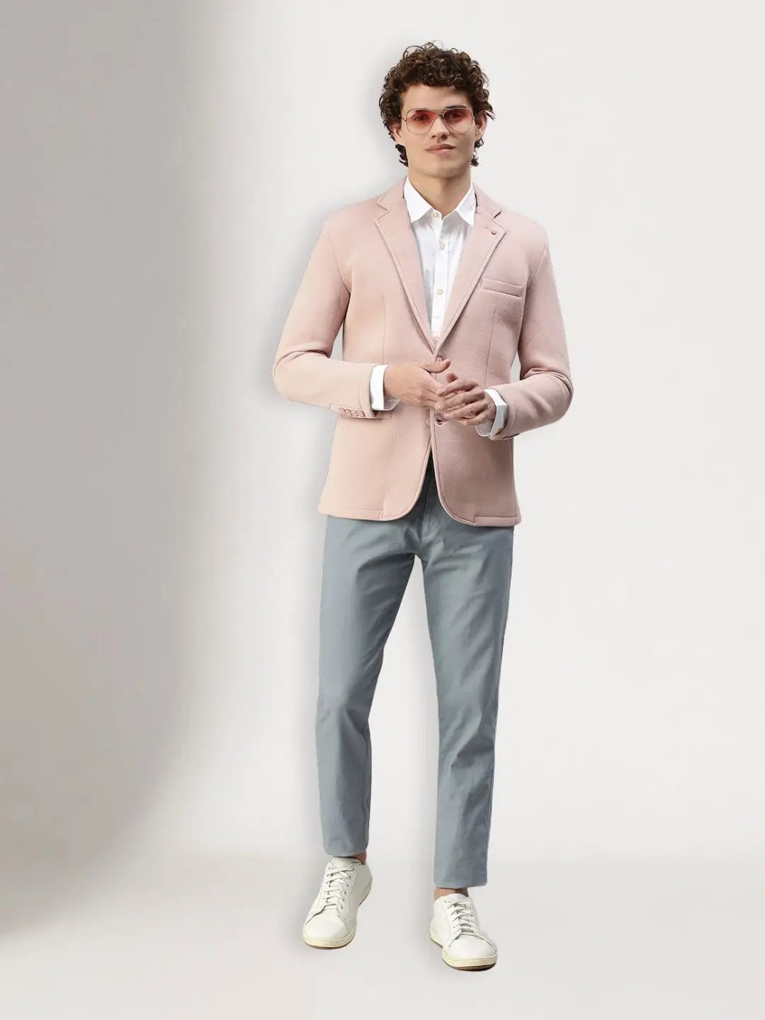 Men's Long Sleeves Solid Notched Lapel Light Pink Slim Fit Blazer
