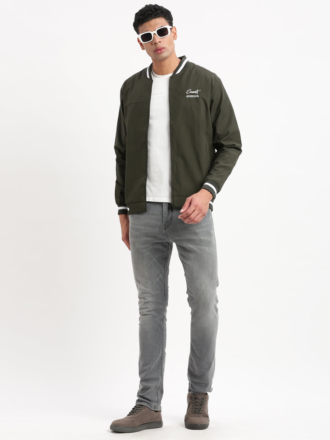 Men Mandarin Collar Olive Solid Bomber Jacket