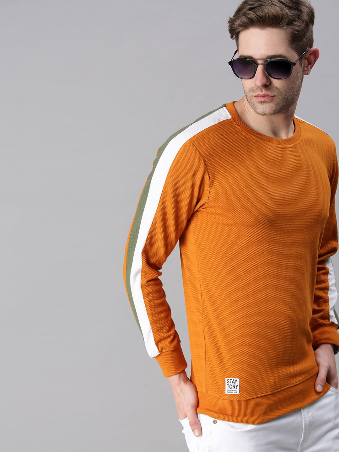 Men Striped Orange Sweatshirt