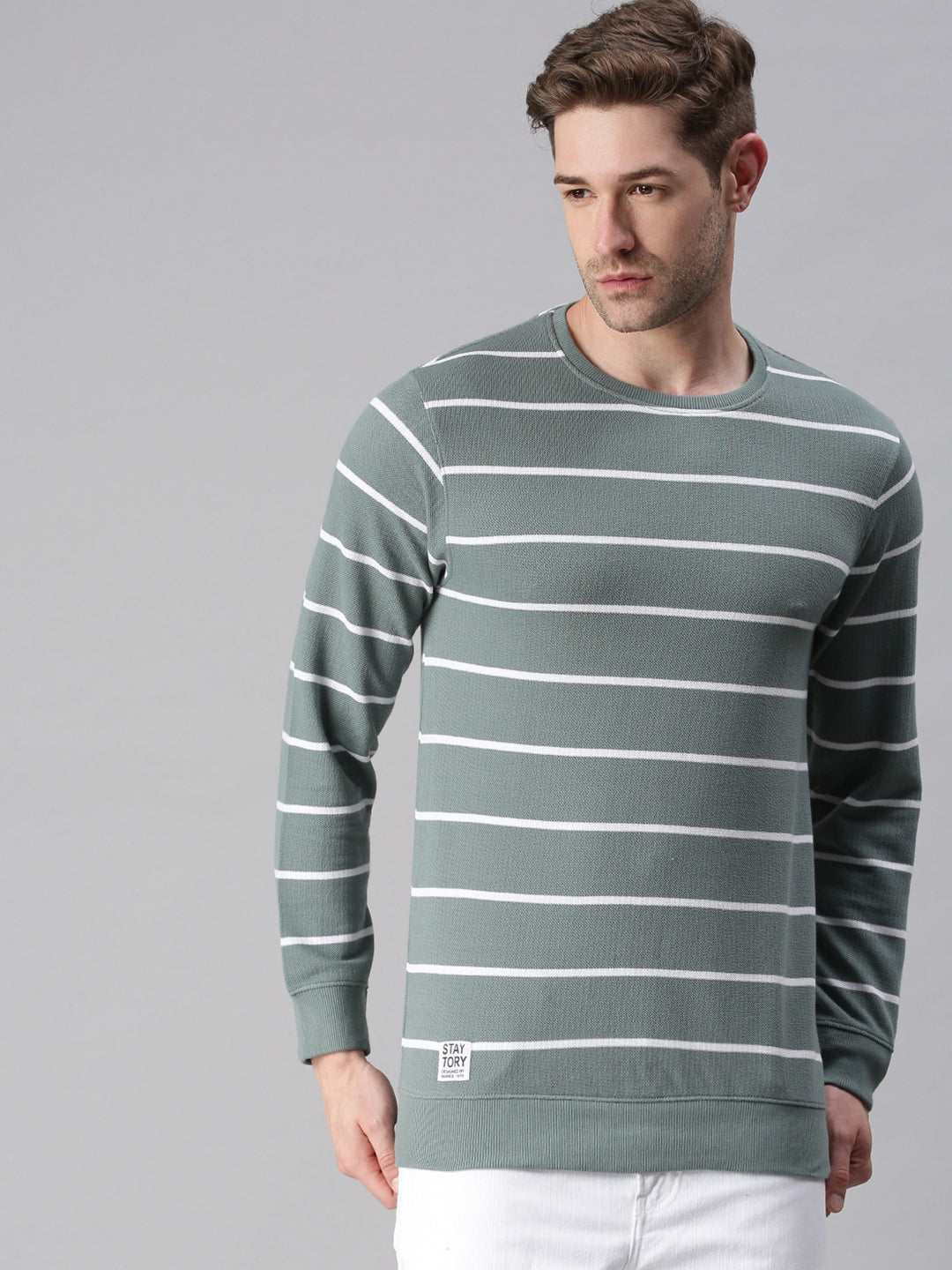 Men Striped Green Sweatshirt