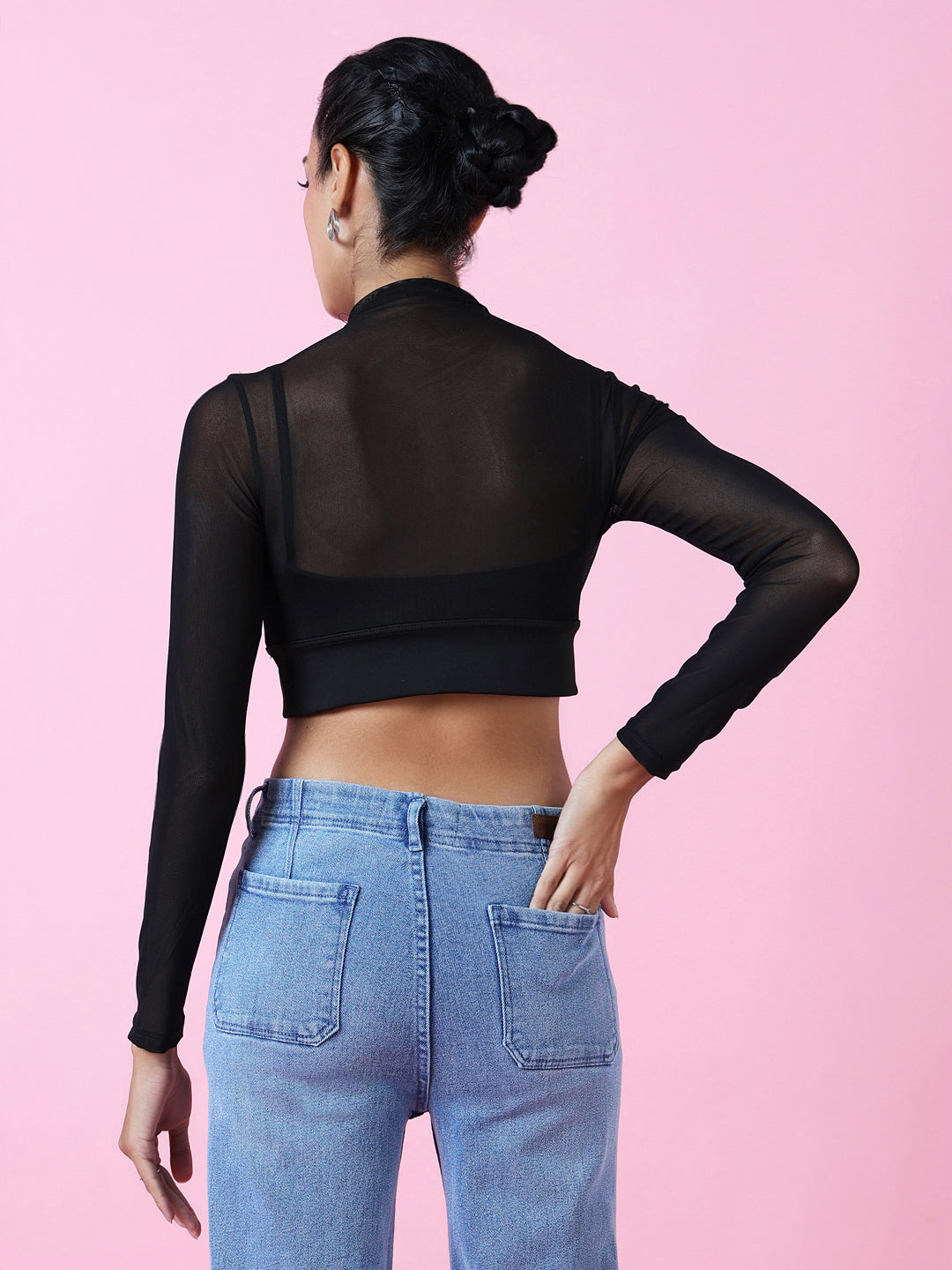 Women Black Solid Sheer Crop Top