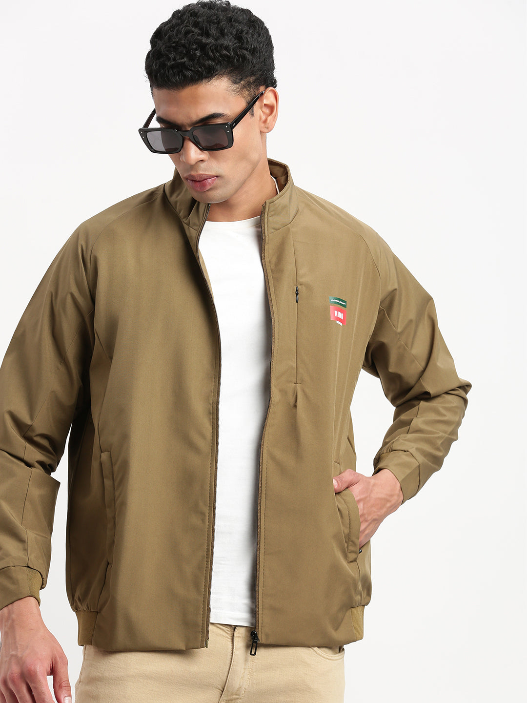 Men Mock Collar Olive Solid Bomber Jacket