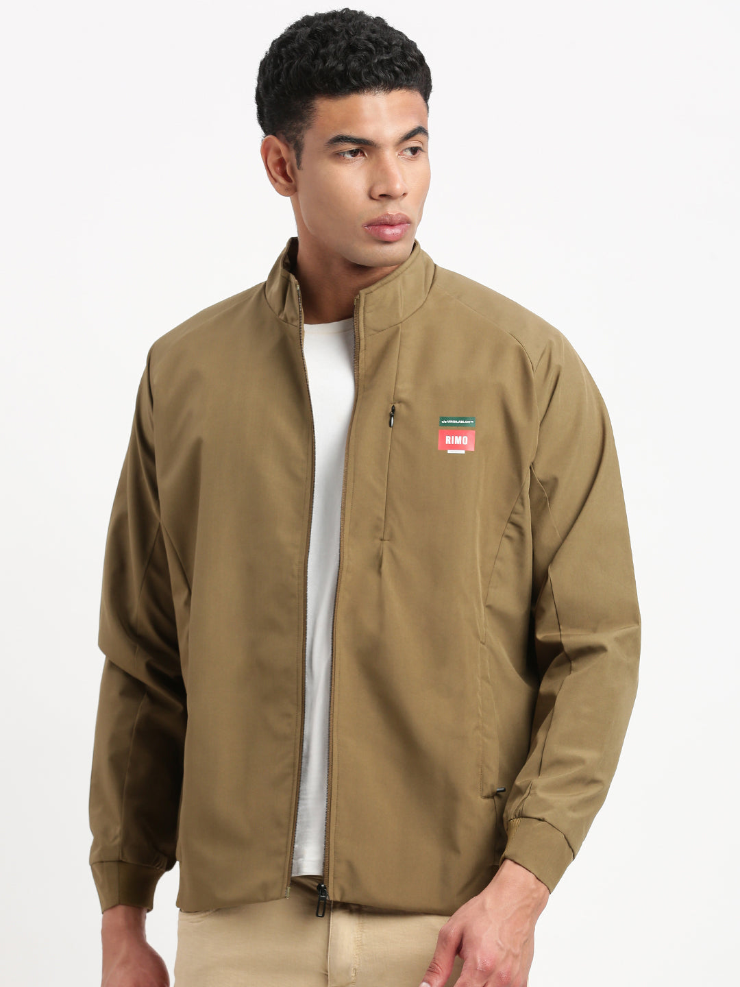 Men Mock Collar Olive Solid Bomber Jacket