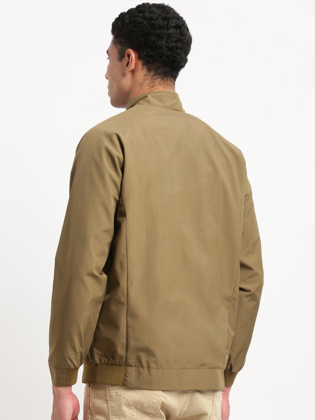 Men Mock Collar Olive Solid Bomber Jacket