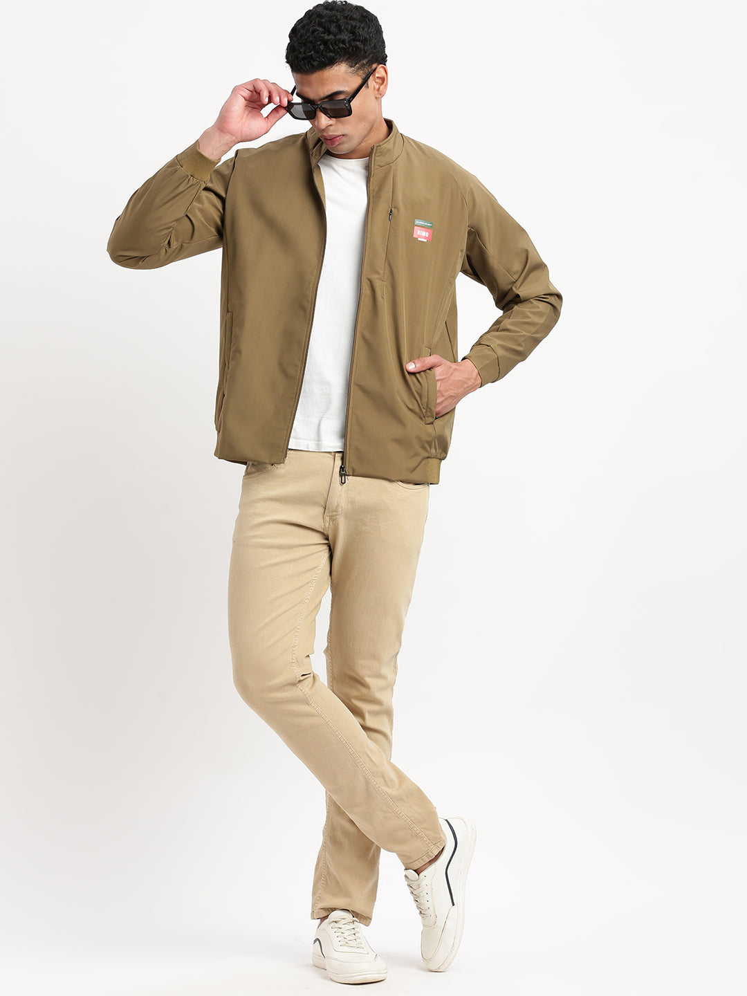 Men Mock Collar Olive Solid Bomber Jacket