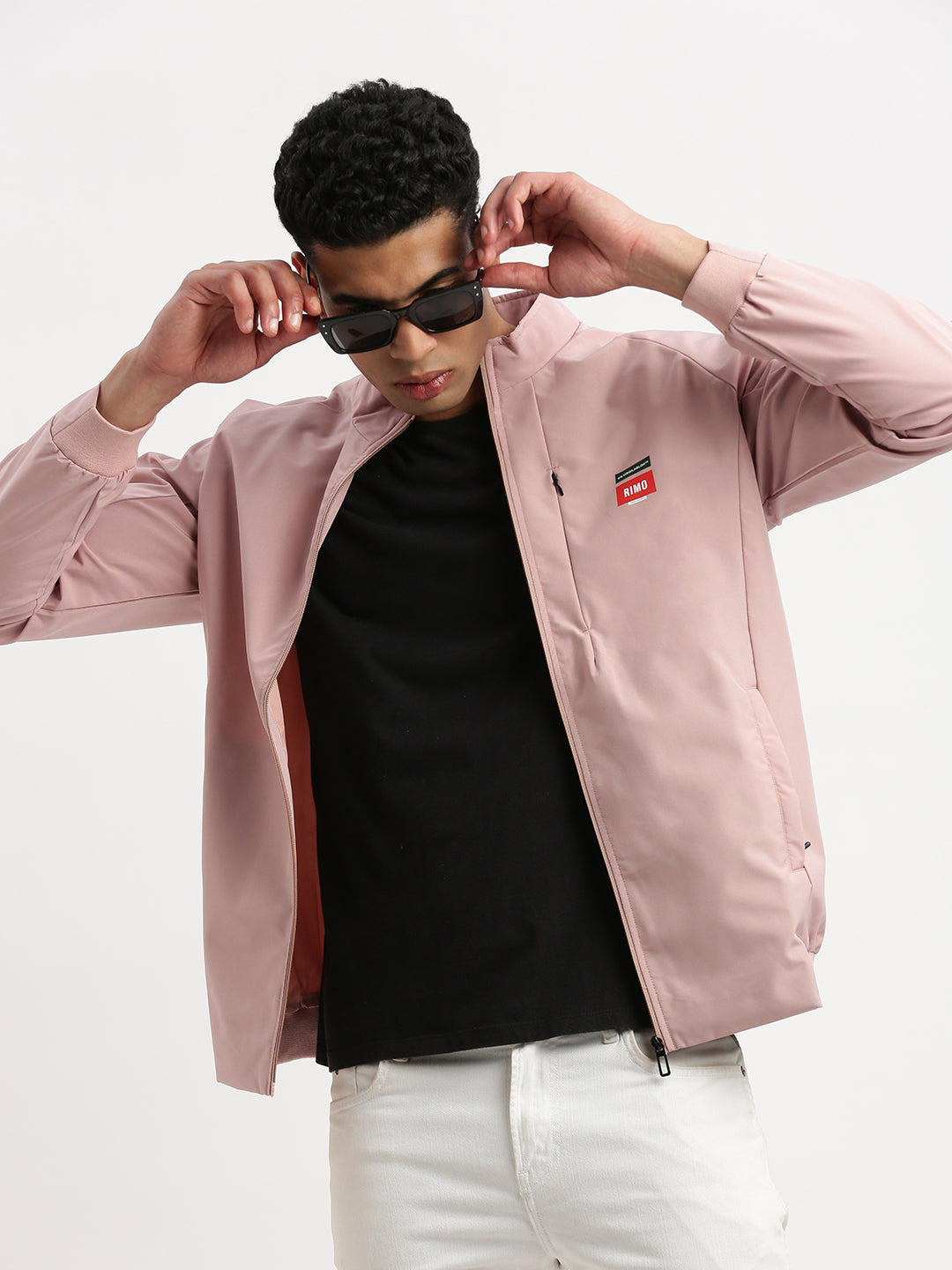 Men Mock Collar Peach Solid Bomber Jacket