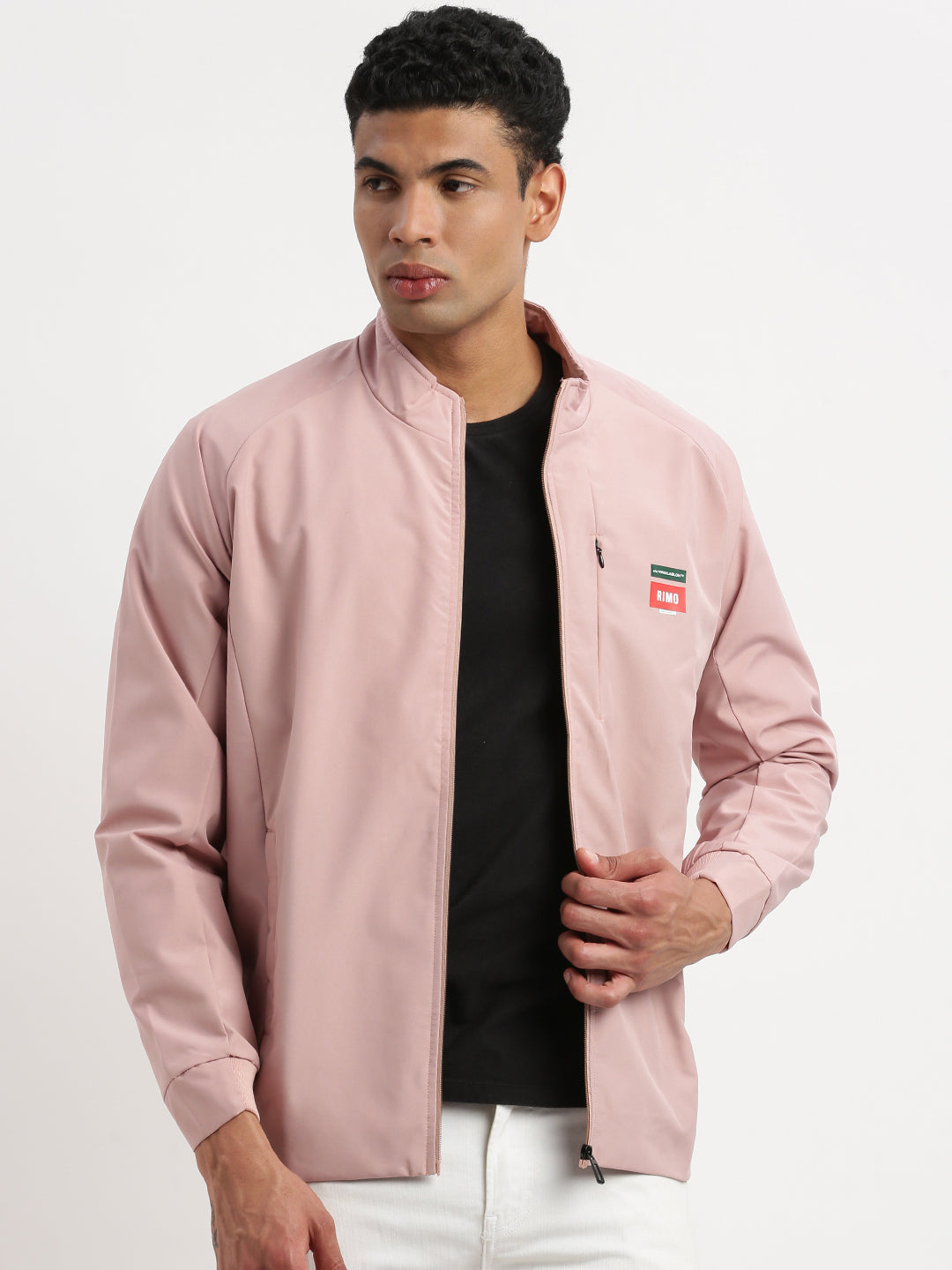 Men Mock Collar Peach Solid Bomber Jacket