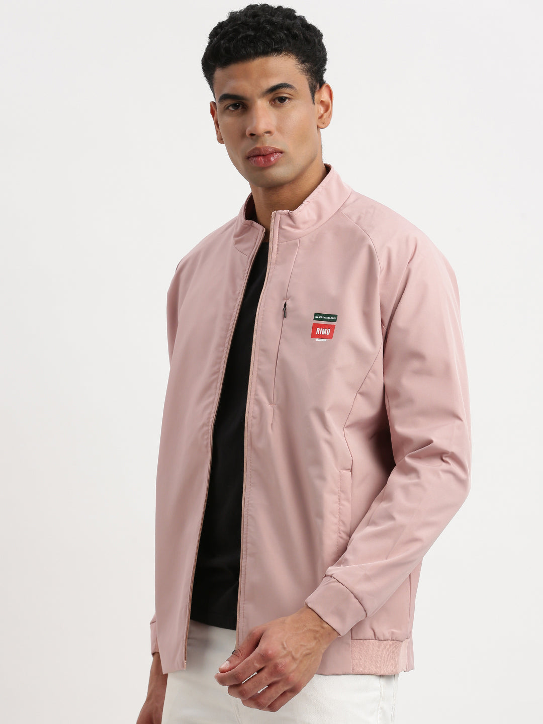 Men Mock Collar Peach Solid Bomber Jacket