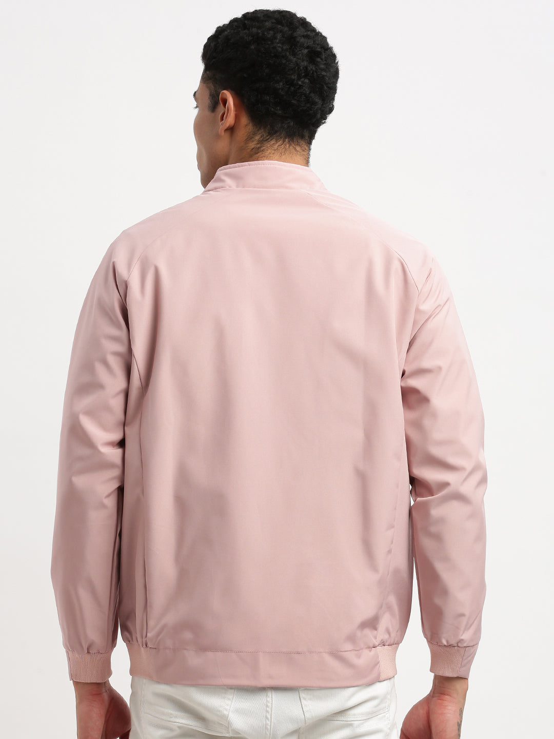 Men Mock Collar Peach Solid Bomber Jacket