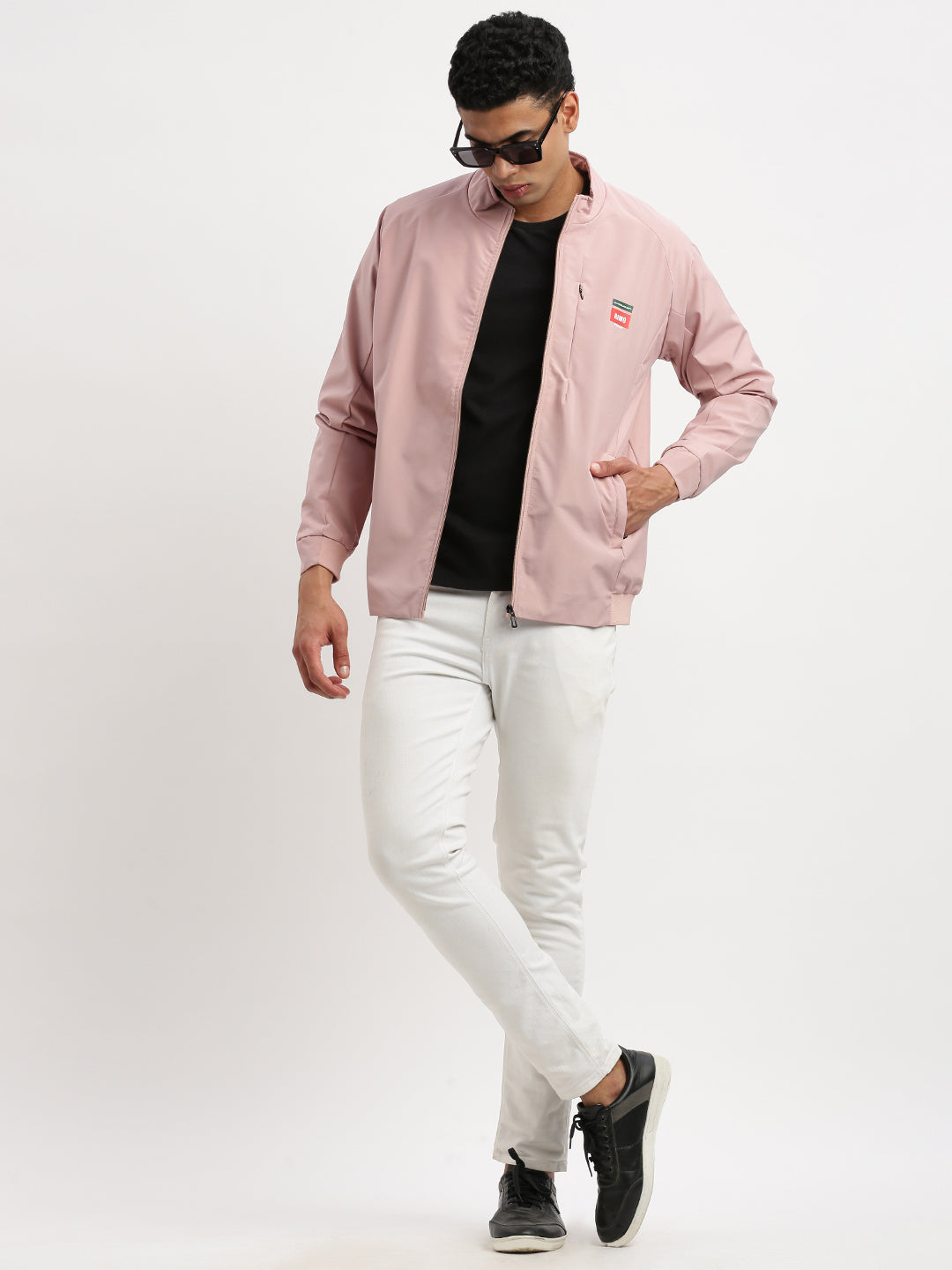 Men Mock Collar Peach Solid Bomber Jacket