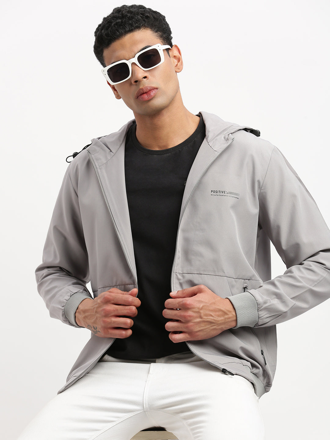 Men Hooded Grey Solid Bomber Jacket