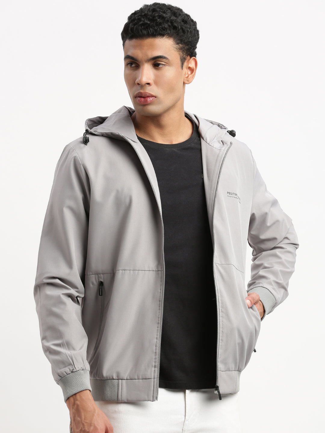 Men Hooded Grey Solid Bomber Jacket