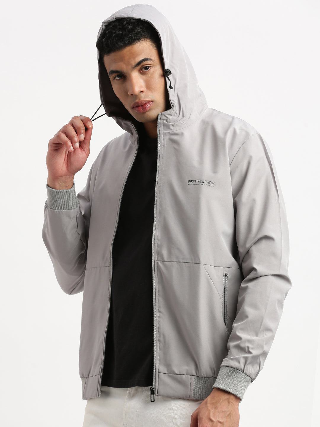 Men Hooded Grey Solid Bomber Jacket