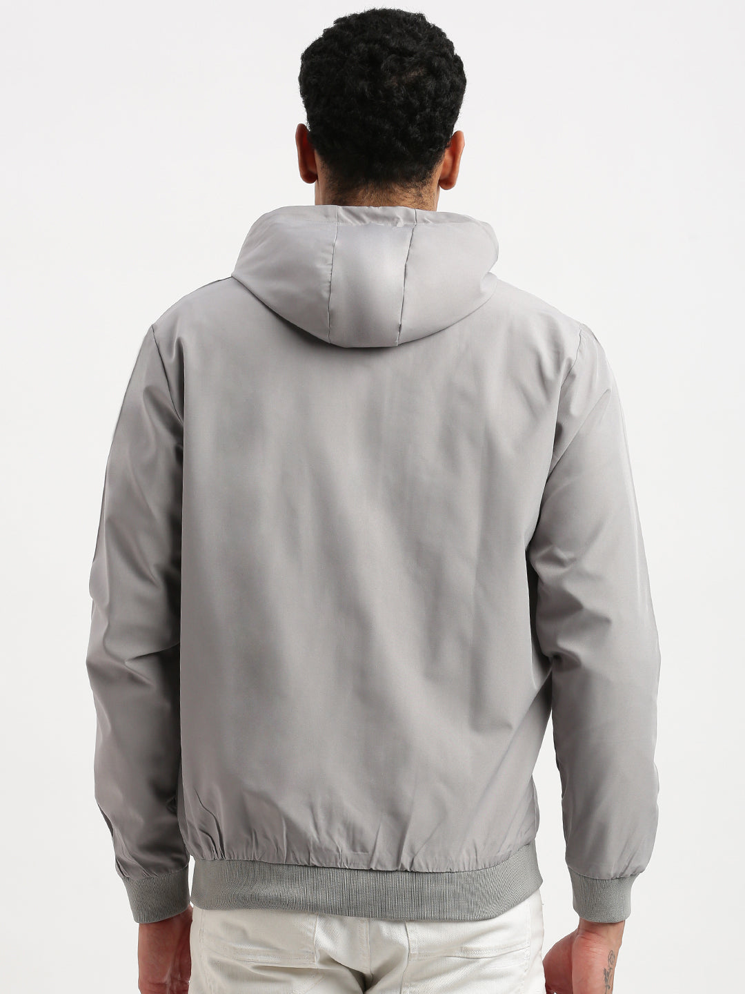 Men Hooded Grey Solid Bomber Jacket