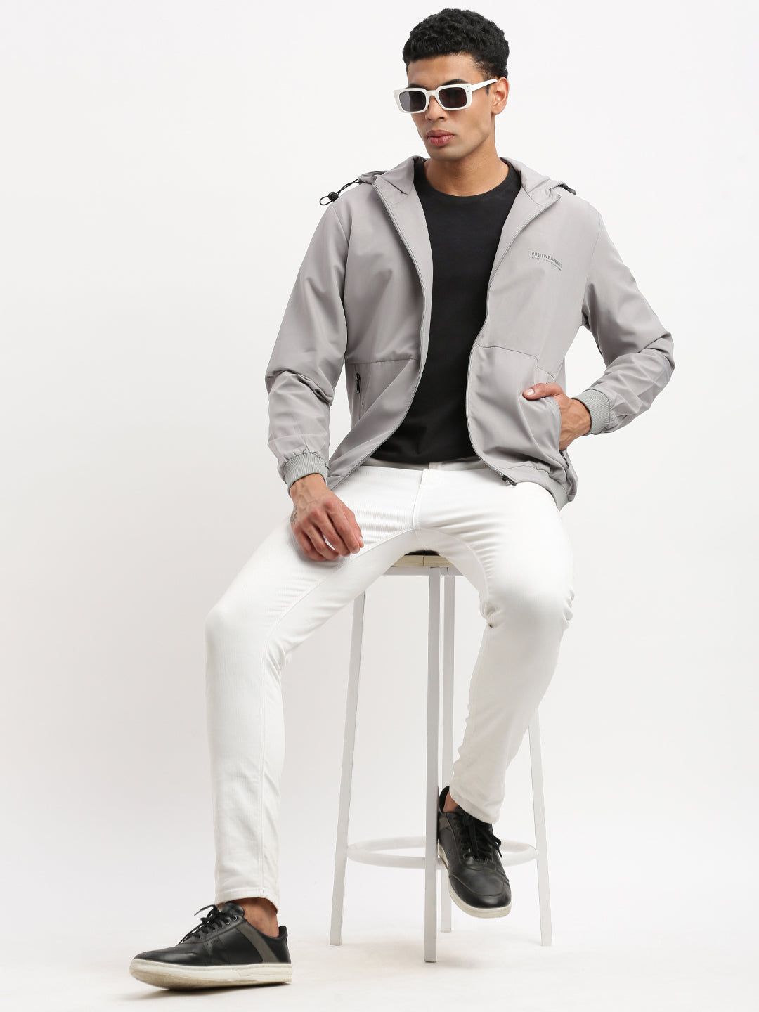 Men Hooded Grey Solid Bomber Jacket