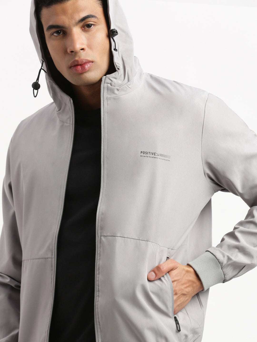 Men Hooded Grey Solid Bomber Jacket