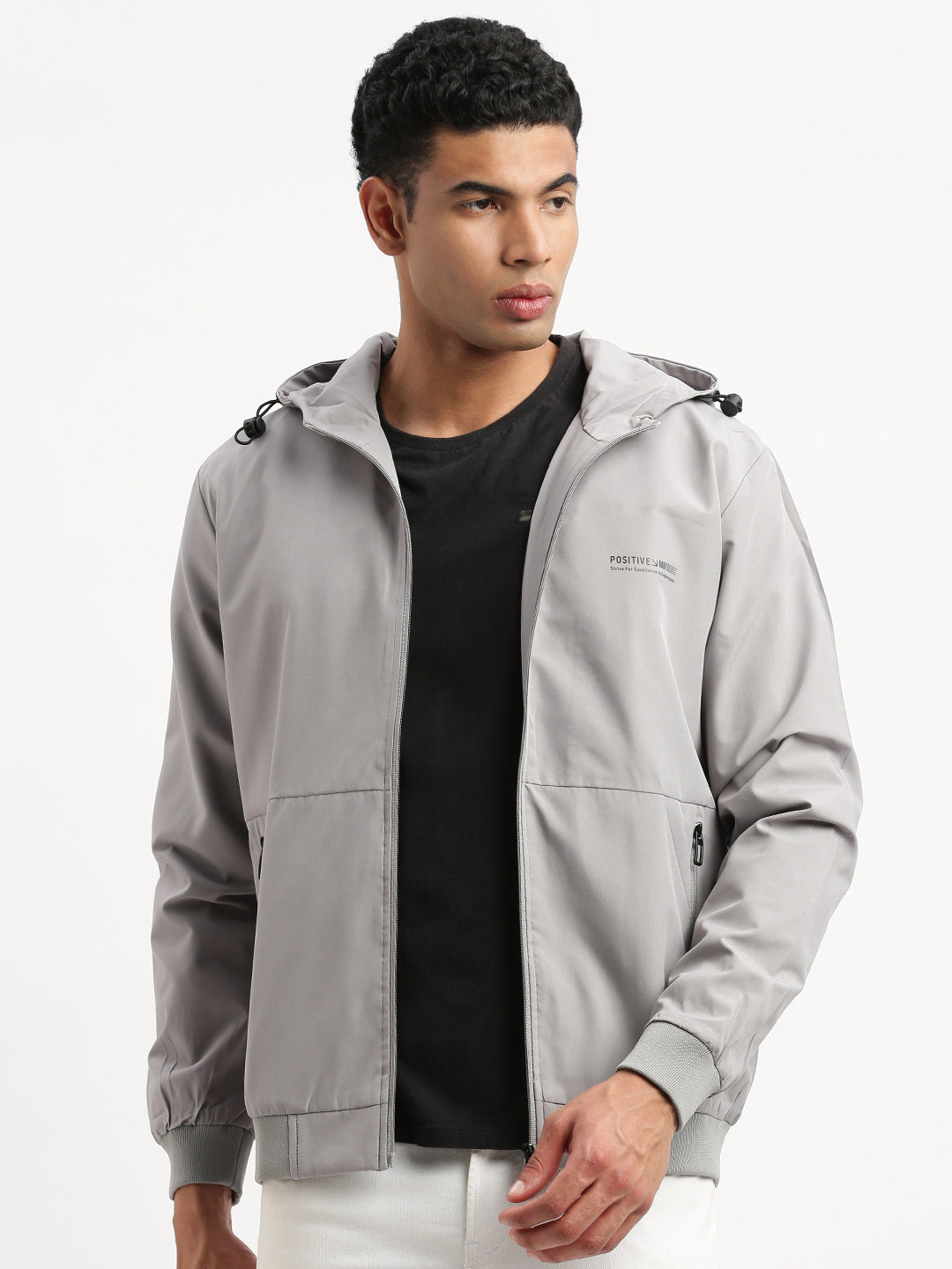 Men Hooded Grey Solid Bomber Jacket