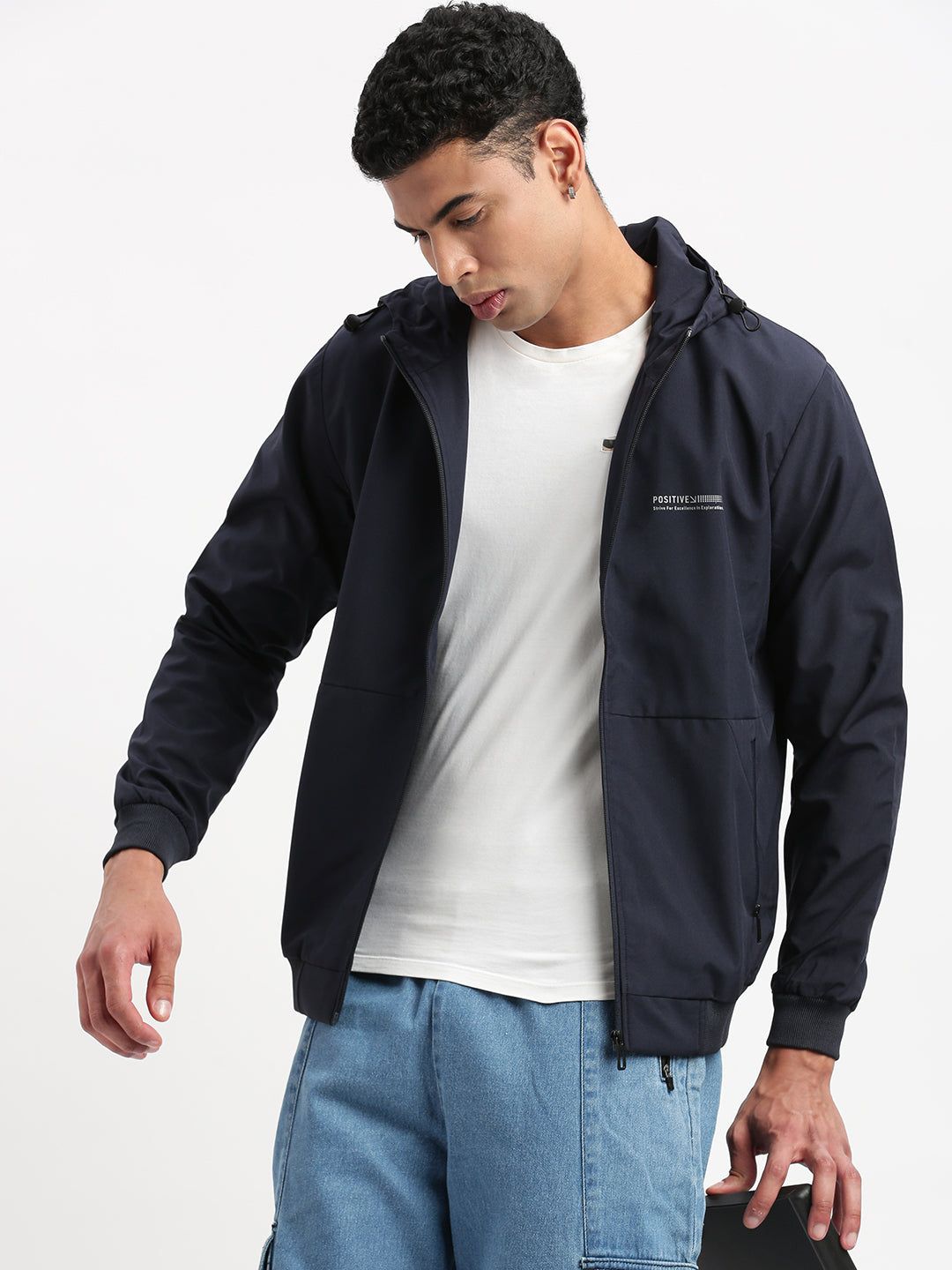 Men Hooded Navy Blue Solid Bomber Jacket