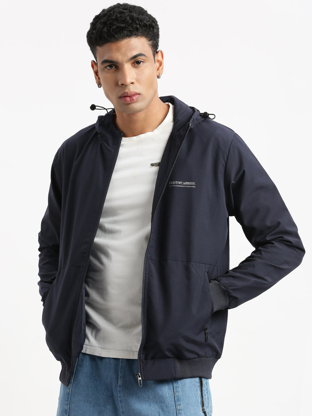 Men Hooded Navy Blue Solid Bomber Jacket