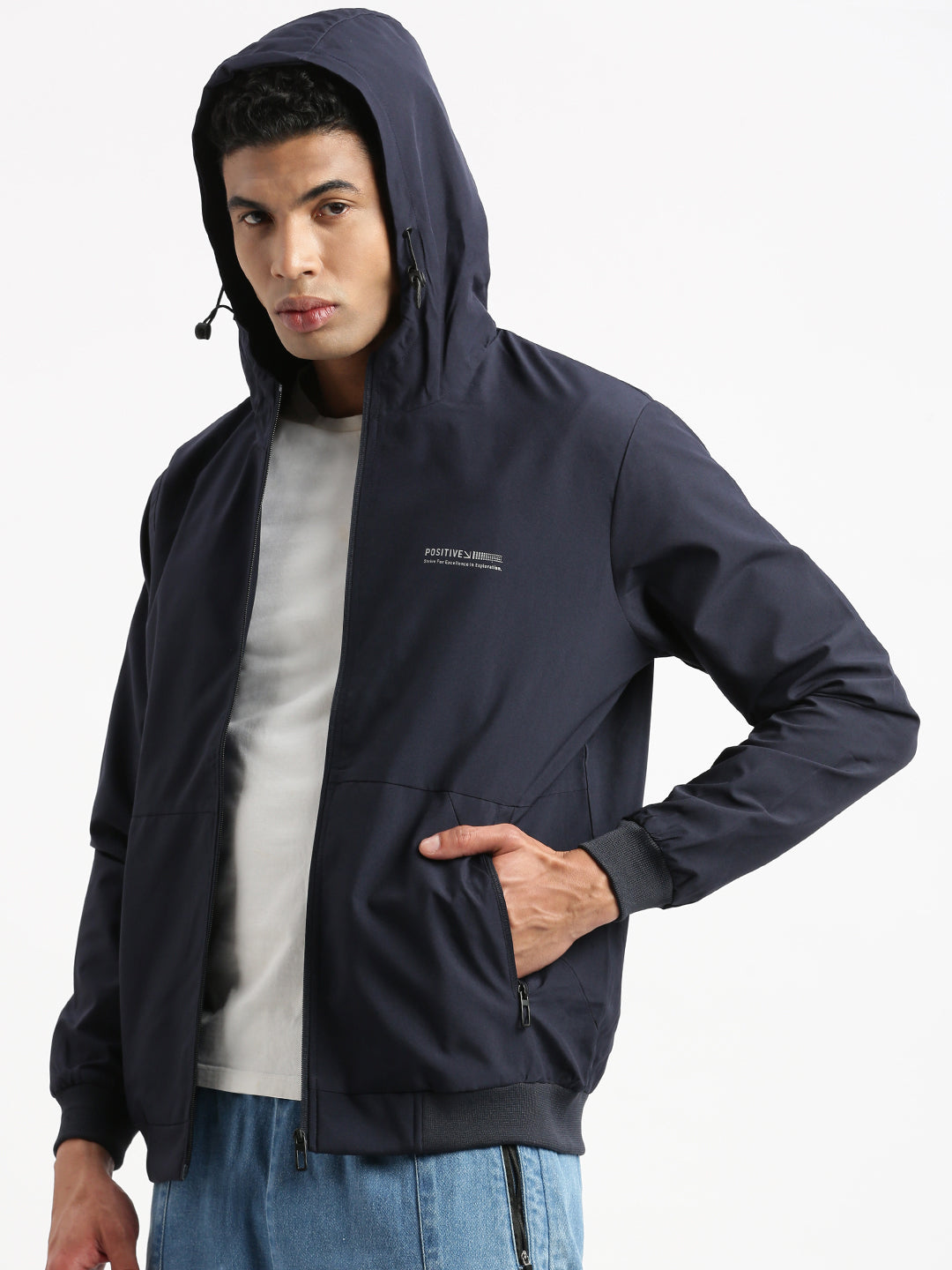 Men Hooded Navy Blue Solid Bomber Jacket