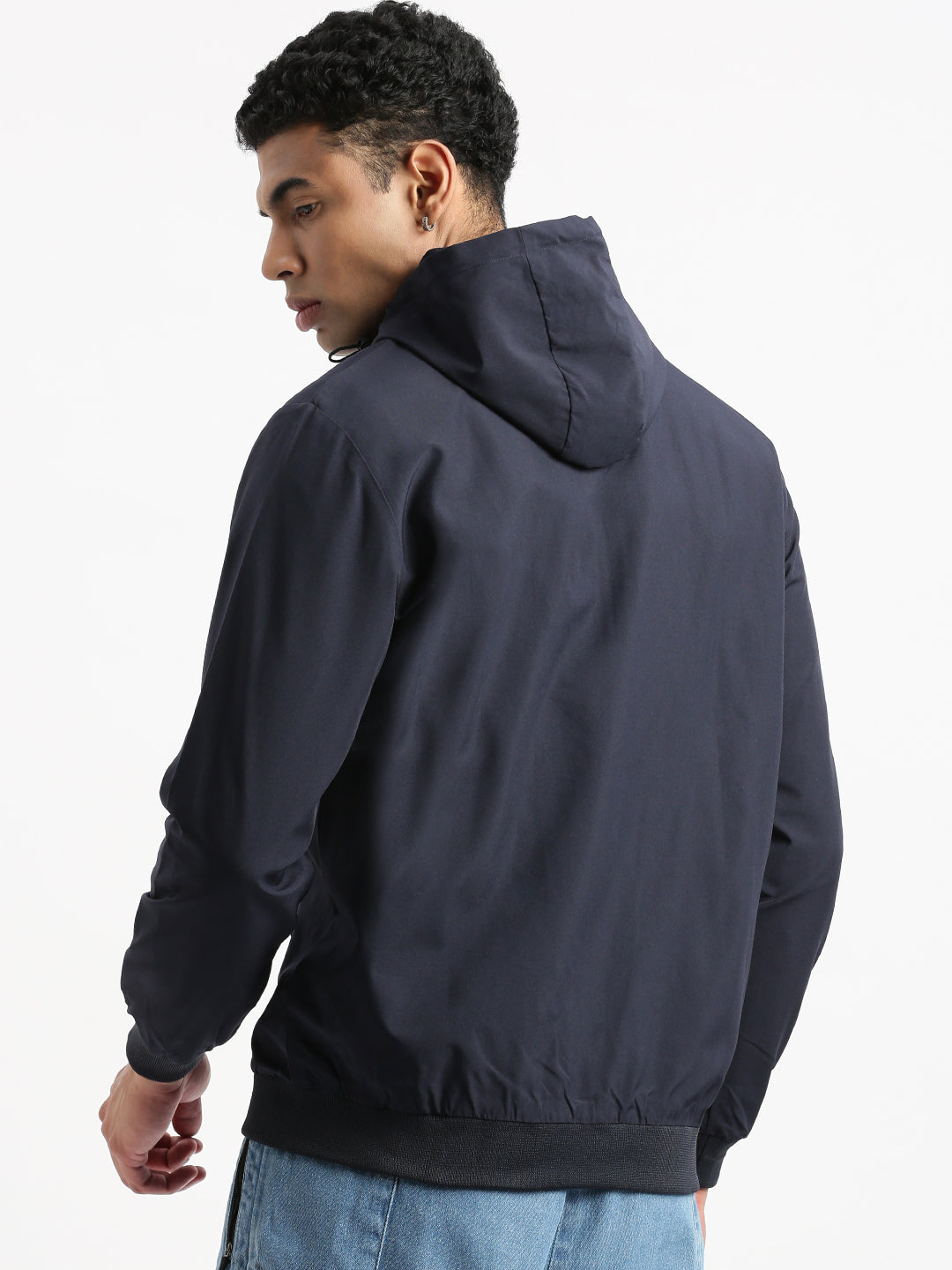 Men Hooded Navy Blue Solid Bomber Jacket